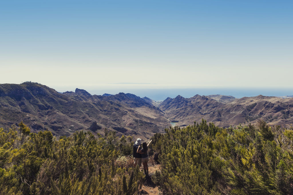 Vista panorámica del Parque Rural de Anaga en Tenerife con montañas y océano al fondo.