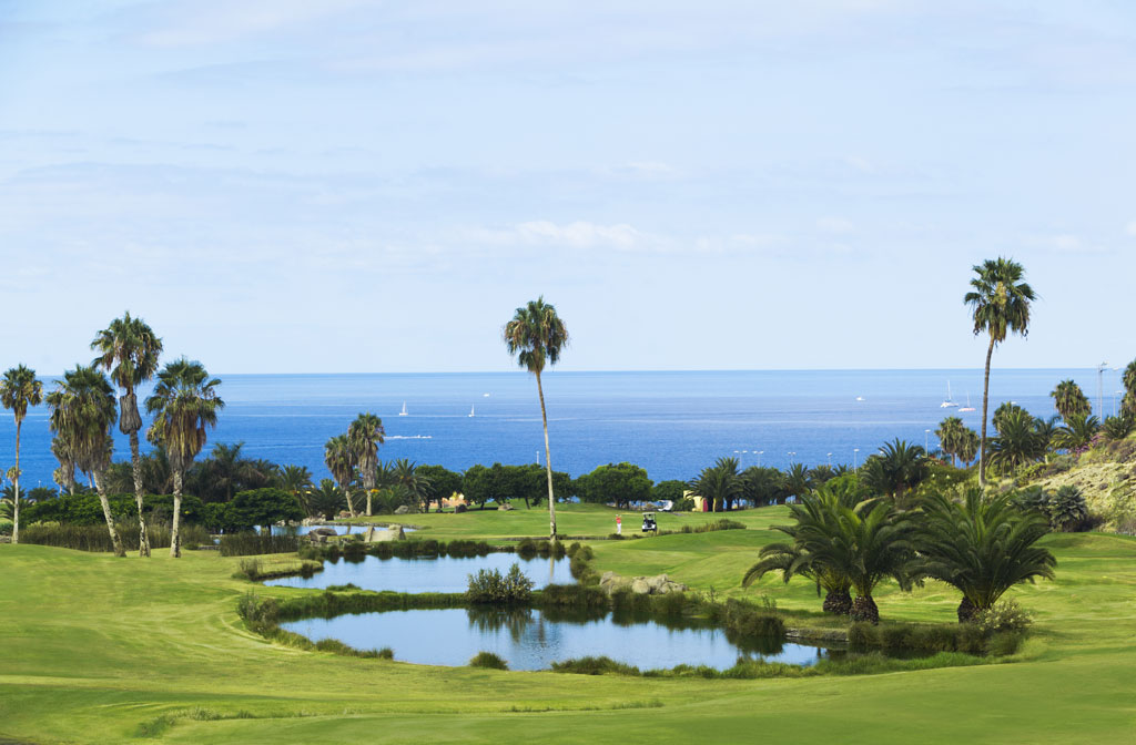 Campo de golf con palmeras y vista al mar en Tenerife.