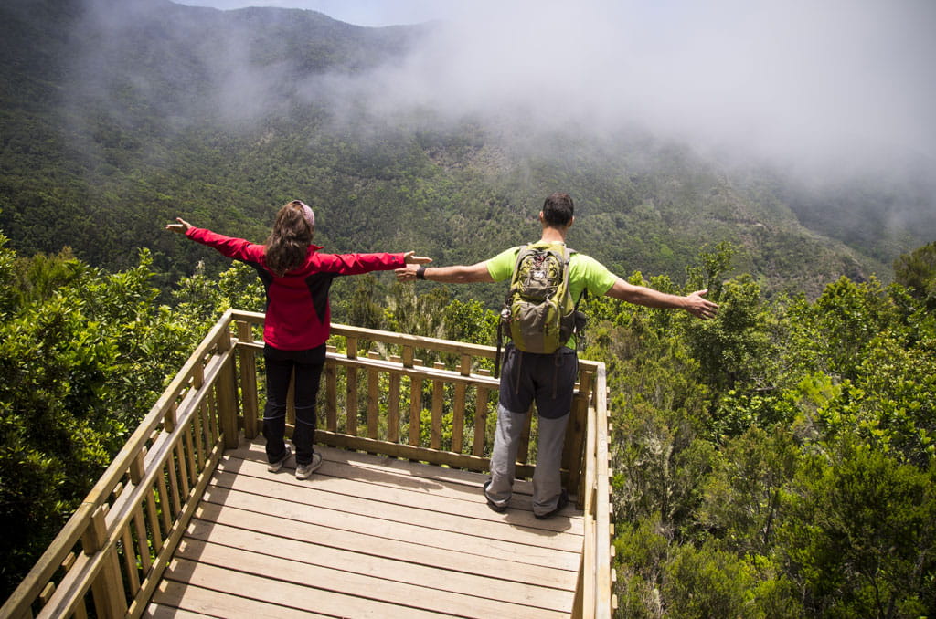 Dos personas con mochilas en un mirador del bosque en Tenerife.