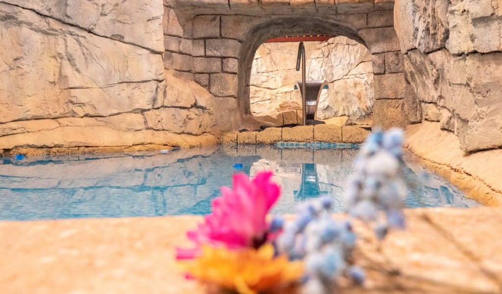 Piscina interior con paredes de roca y flores al frente en Tenerife.