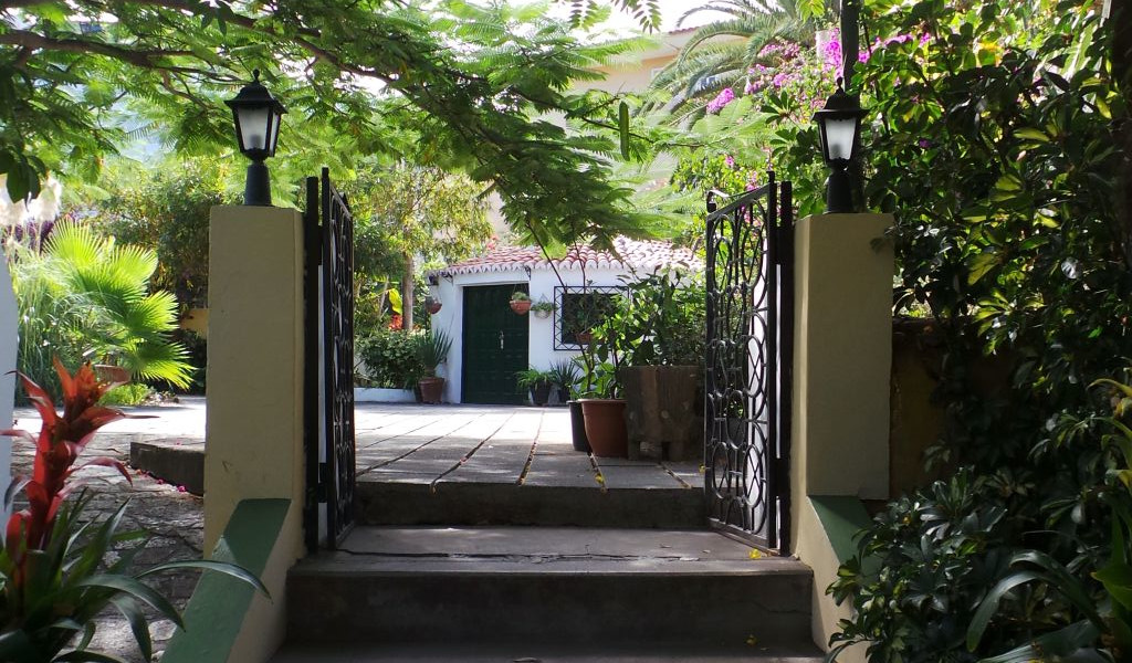 Puerta de entrada a un jardín con plantas en un rincón de Tenerife.