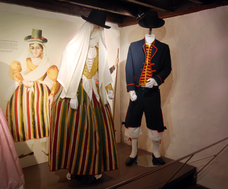 Trajes típicos de Tenerife en exhibición, con fondo de ilustración histórica.