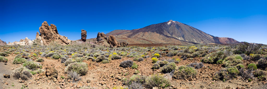 Paisaje del Teide en Tenerife con formaciones rocosas y vegetación árida.
