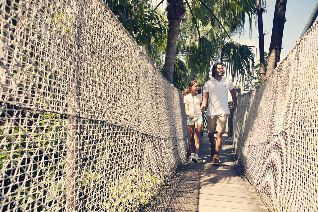 Padre e hija caminando por un puente colgante en Tenerife, rodeados de palmeras.