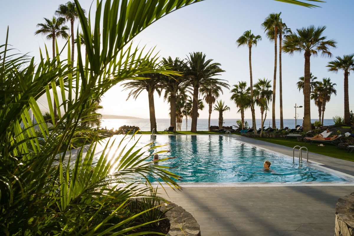 Piscina rodeada de palmeras al atardecer en Tenerife, con vista al océano.